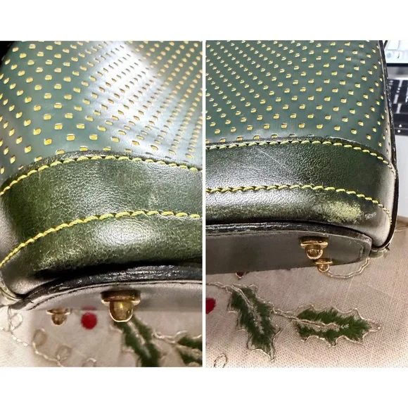 Vintage Dooney & Bourke Cabrio Green/Yellow Perforated Leather Large Hobo Bag - Picture 12 of 16